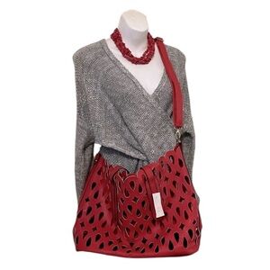 Red Faux Vegan Leather Perforated Crossbody Tote Bag Shoulder Bag Purse